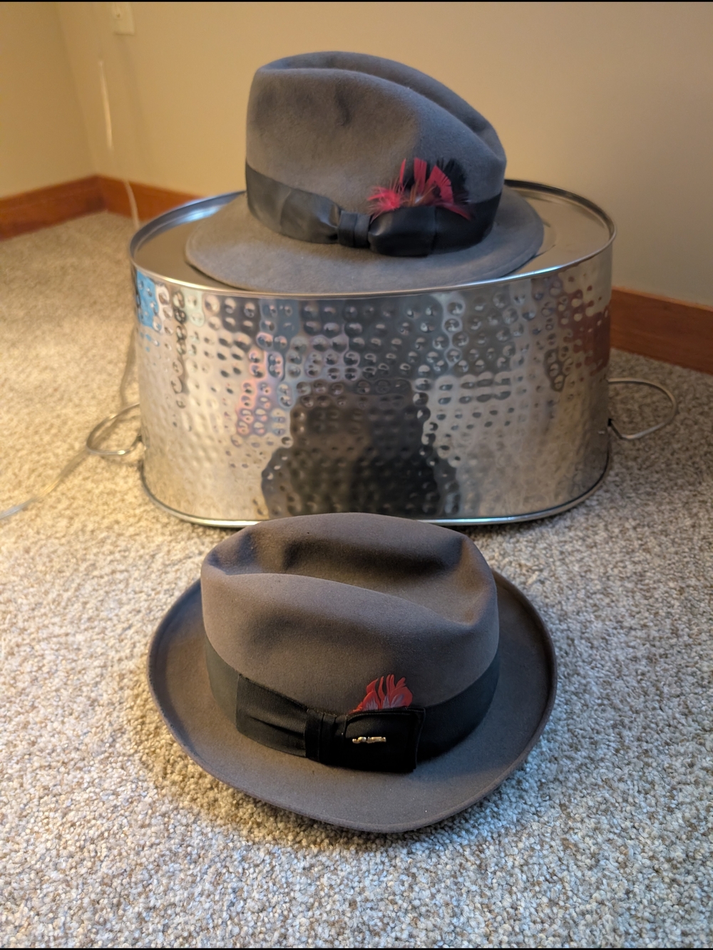 Classic Gray Fedoras with Red Feather Accents